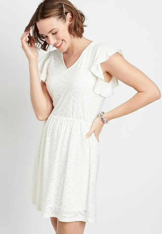 Women White Eyelet Lace Flutter Sleeve Mini Dress Maurices Dresses and Jumpsuits