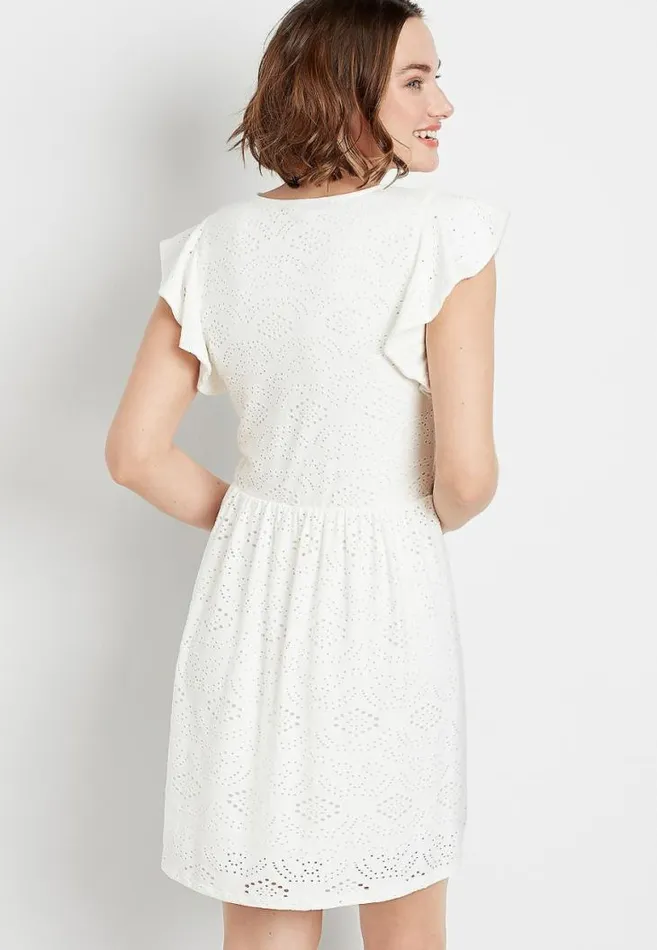 Women White Eyelet Lace Flutter Sleeve Mini Dress Maurices Dresses and Jumpsuits