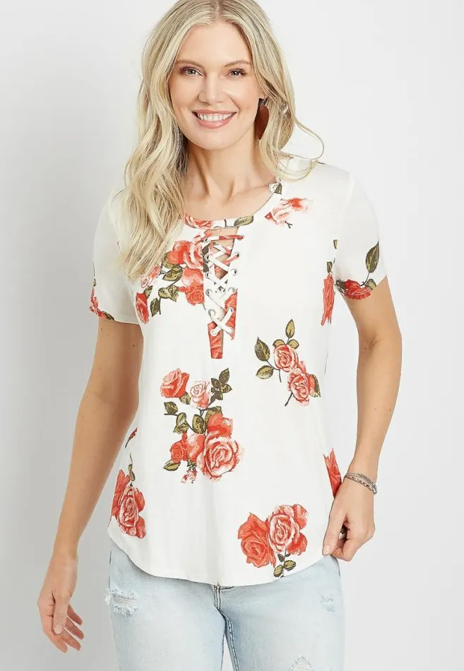 Women White Floral Lace Up Retro Tee Maurices Tops