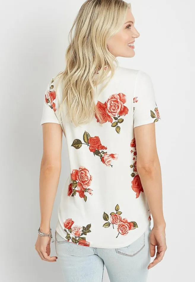 Women White Floral Lace Up Retro Tee Maurices Tops