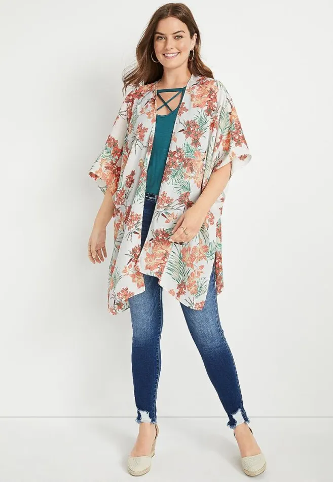 Women White Floral Ruana Maurices Tops