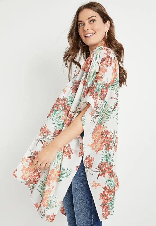 Women White Floral Ruana Maurices Tops