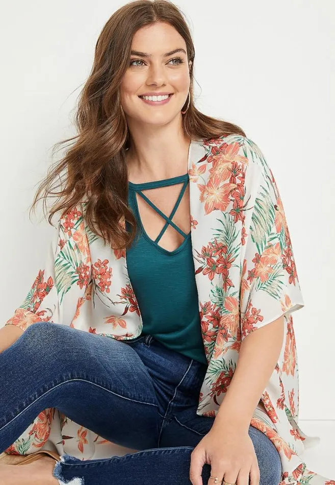 Women White Floral Ruana Maurices Tops