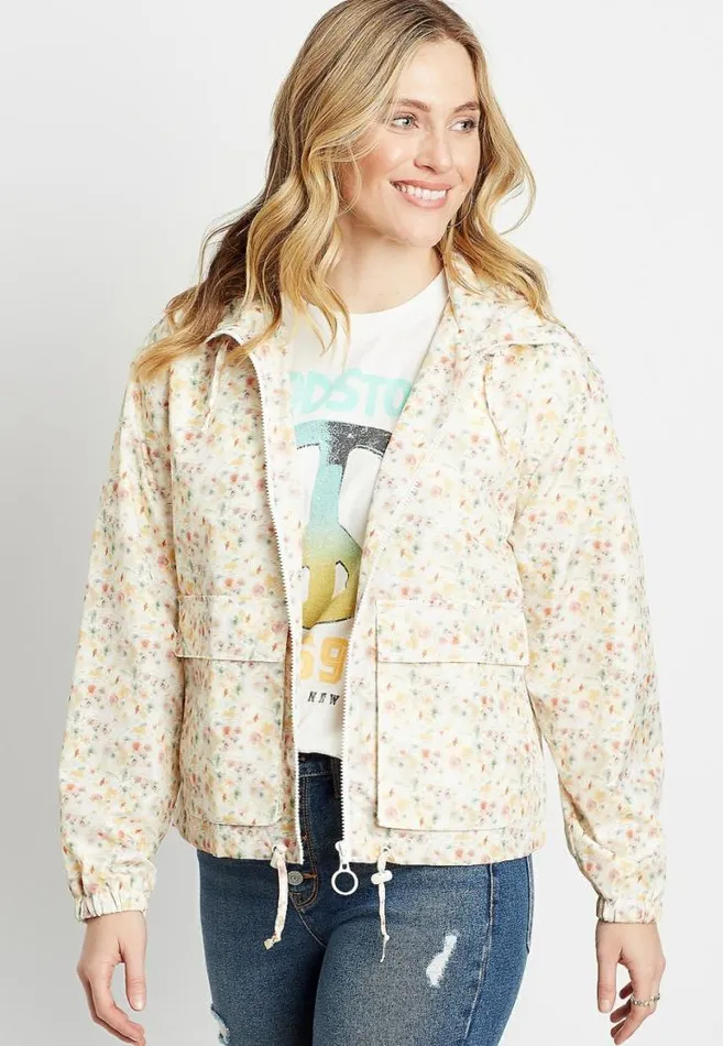 Women White Floral Zip Up Cropped Windbreaker Maurices Tops