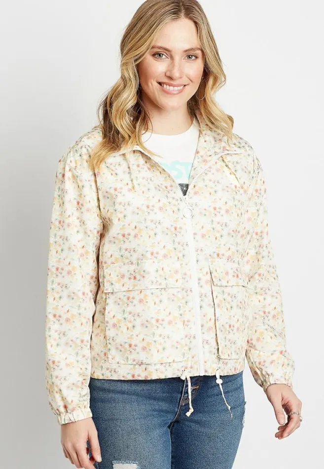 Women White Floral Zip Up Cropped Windbreaker Maurices Tops