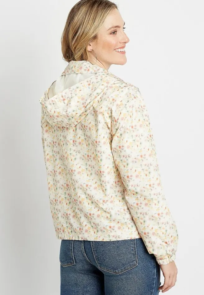 Women White Floral Zip Up Cropped Windbreaker Maurices Tops