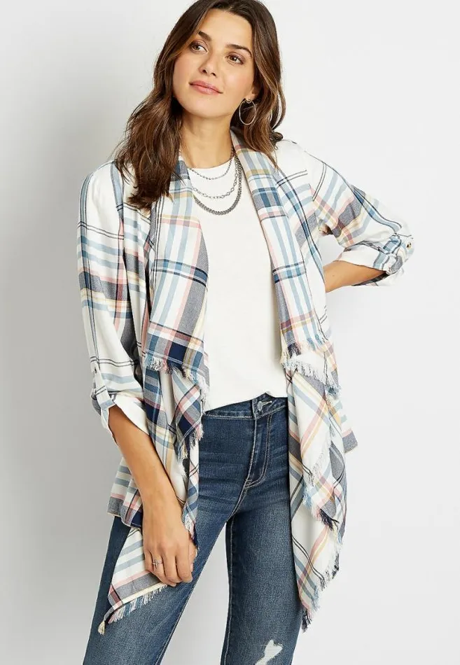 Women White Plaid Open Front Frayed Kimono Maurices Tops