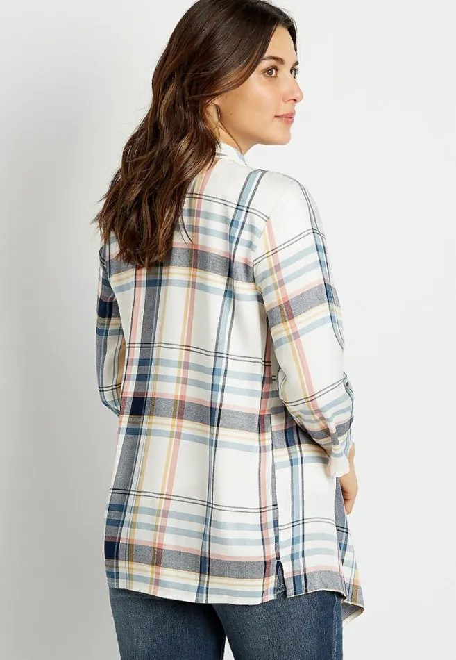 Women White Plaid Open Front Frayed Kimono Maurices Tops