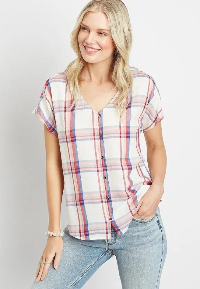 Women White Plaid Short Sleeve Button Down Shirt Maurices Tops