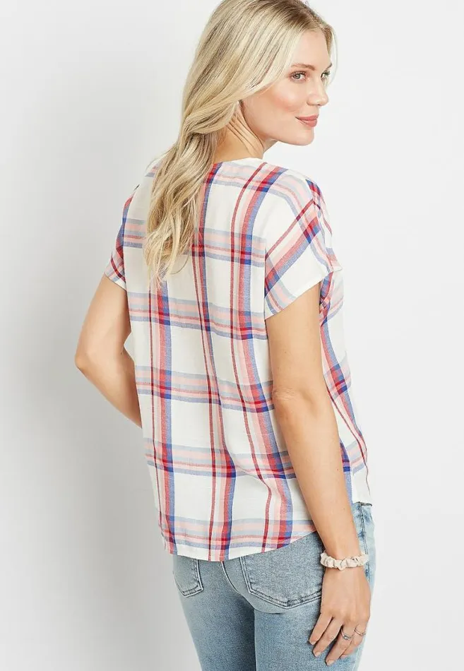 Women White Plaid Short Sleeve Button Down Shirt Maurices Tops