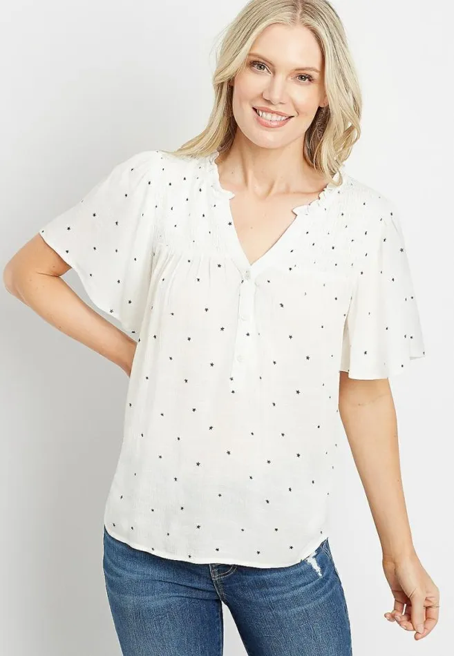 Women White Star Flutter Sleeve Button Front Top Maurices Tops