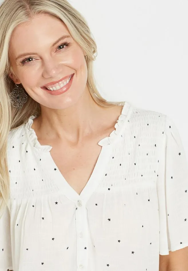 Women White Star Flutter Sleeve Button Front Top Maurices Tops