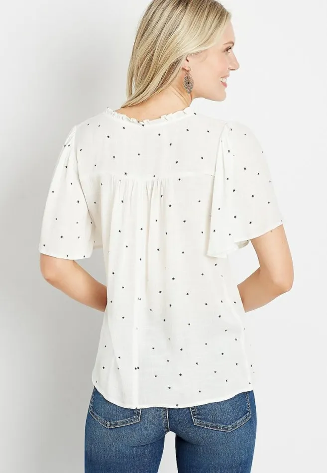 Women White Star Flutter Sleeve Button Front Top Maurices Tops