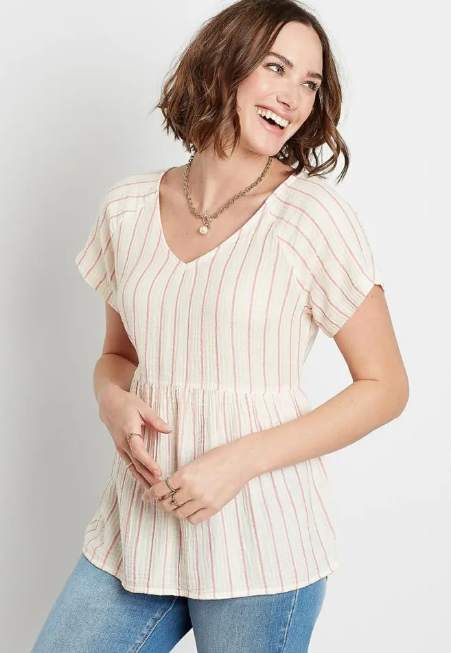 Women White Stripe Button Back Babydoll Top Maurices Tops