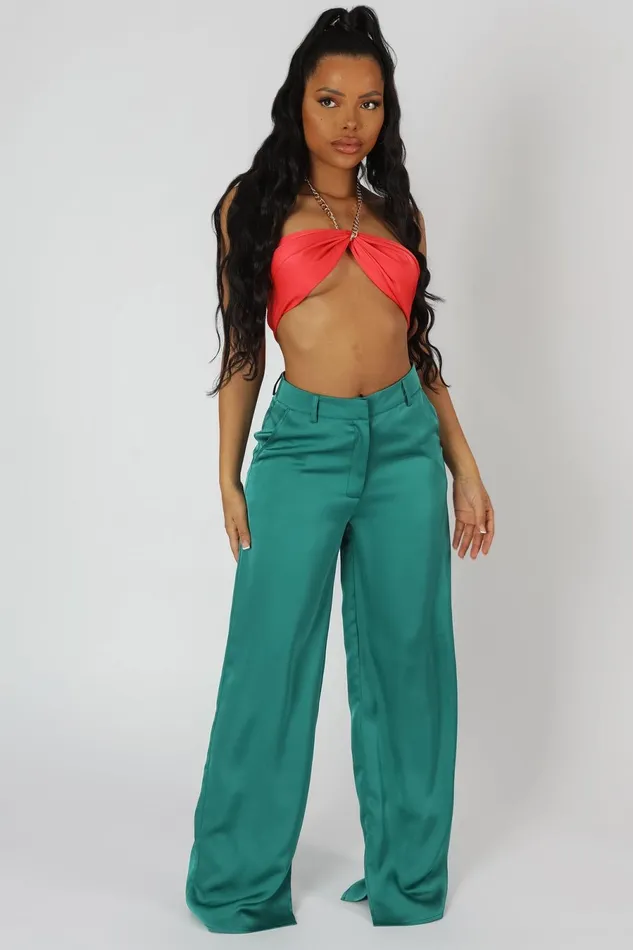 Women Wide Leg Split Hem Satin Tailored Trousers Green Kaiia Green Public Desire Trousers