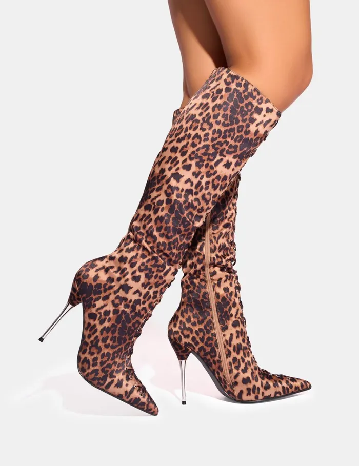 Women Witchcraft Leopard Lace Up Knee High Boots Leopard Public Desire Knee High Boots