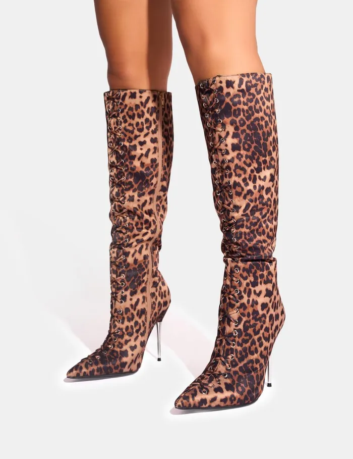Women Witchcraft Leopard Lace Up Knee High Boots Leopard Public Desire Knee High Boots