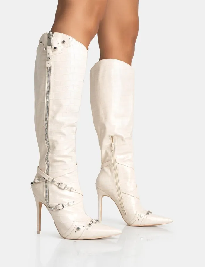 Women Worthy White Croc Studded Zip Detail Pointed Toe Stiletto Knee High Boots Neutral Public Desire Embellished Women Worthy White Croc Studded Zip Detail Pointed Toe Stiletto Knee High Boots Neutral Public Desire Embellished
