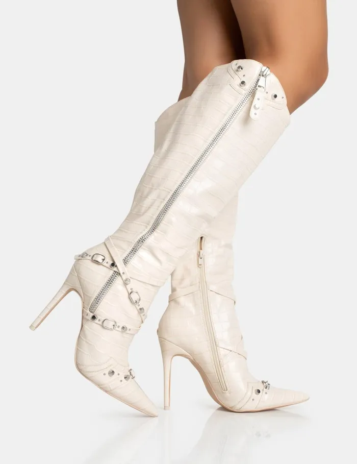 Women Worthy White Croc Studded Zip Detail Pointed Toe Stiletto Knee High Boots Neutral Public Desire Embellished