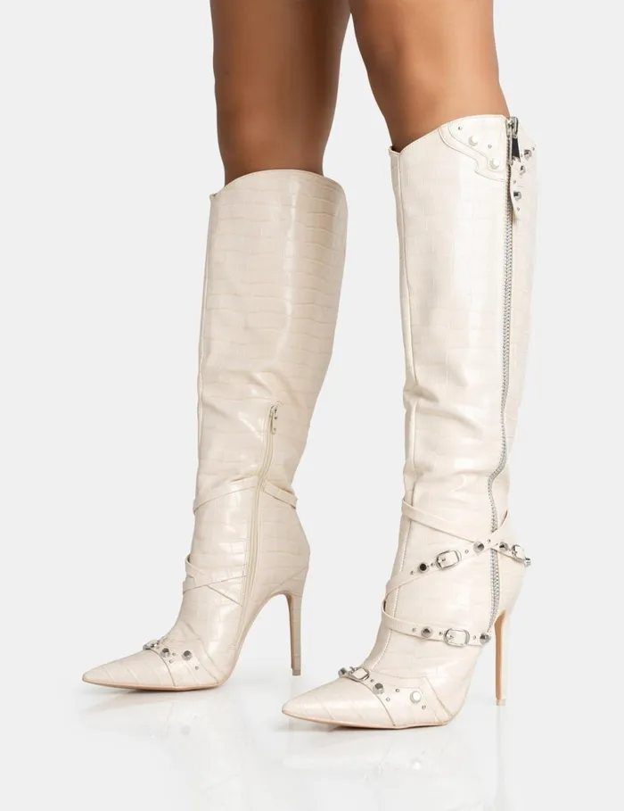 Women Worthy White Croc Studded Zip Detail Pointed Toe Stiletto Knee High Boots Neutral Public Desire Embellished