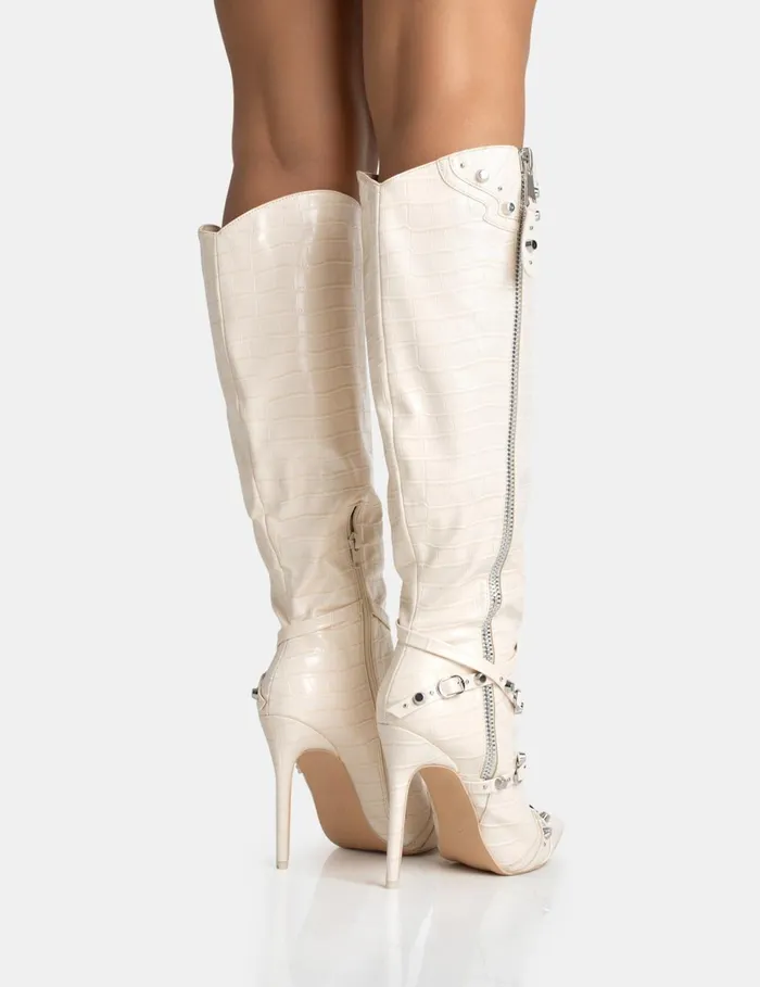 Women Worthy White Croc Studded Zip Detail Pointed Toe Stiletto Knee High Boots Neutral Public Desire Embellished