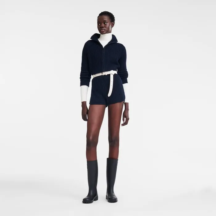 Women Zip Collar Short Cardigan Navy Longchamp Knitwear
