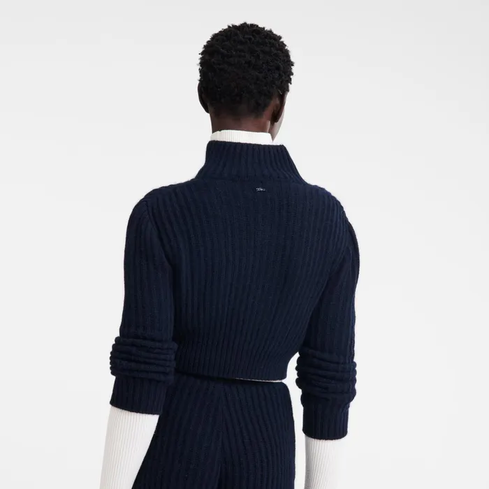 Women Zip Collar Short Cardigan Navy Longchamp Knitwear