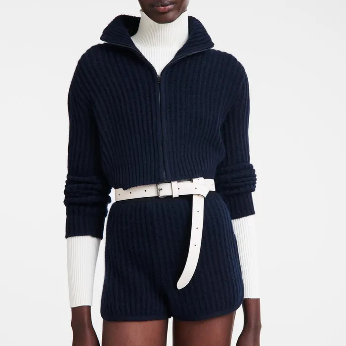Women Zip Collar Short Cardigan Navy Longchamp Knitwear