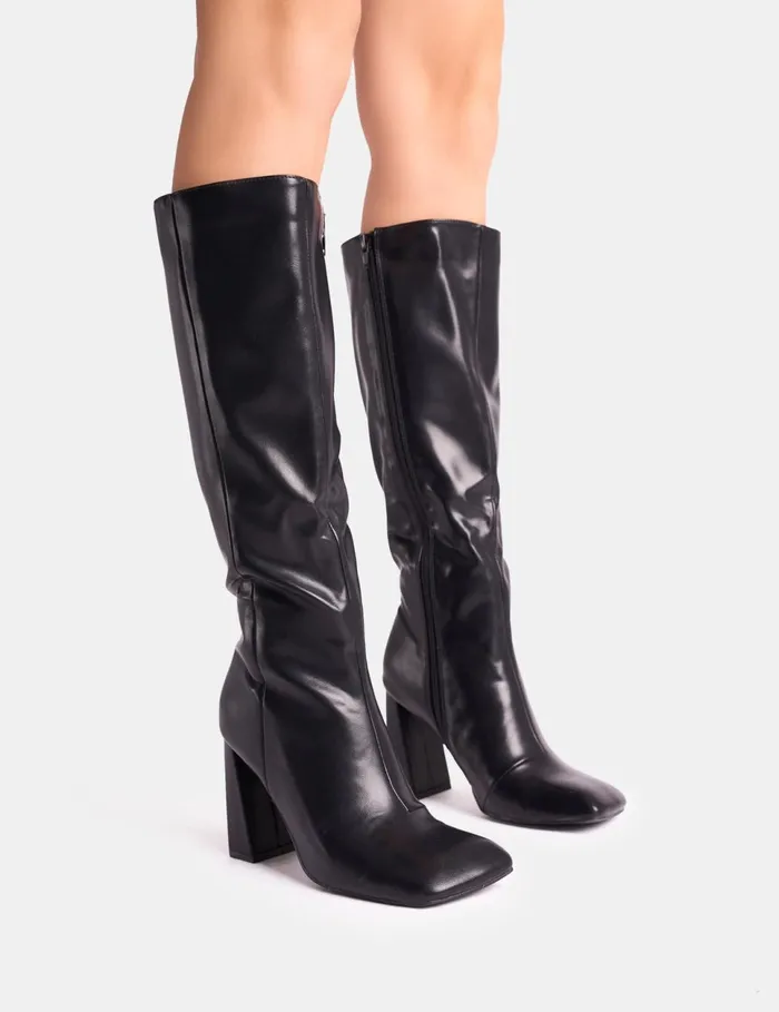 Women Zoya Black Slanted Toe Block Heel Knee High Sock Boots Black Public Desire Block Heels