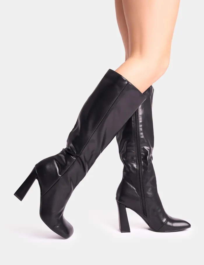 Women Zoya Black Slanted Toe Block Heel Knee High Sock Boots Black Public Desire Block Heels