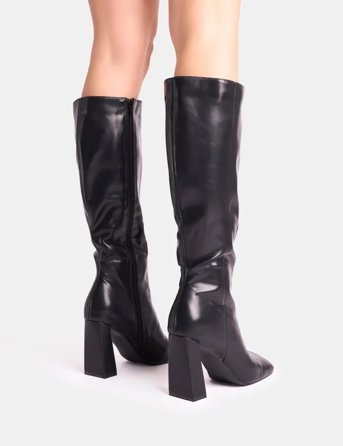 Women Zoya Black Slanted Toe Block Heel Knee High Sock Boots Black Public Desire Block Heels
