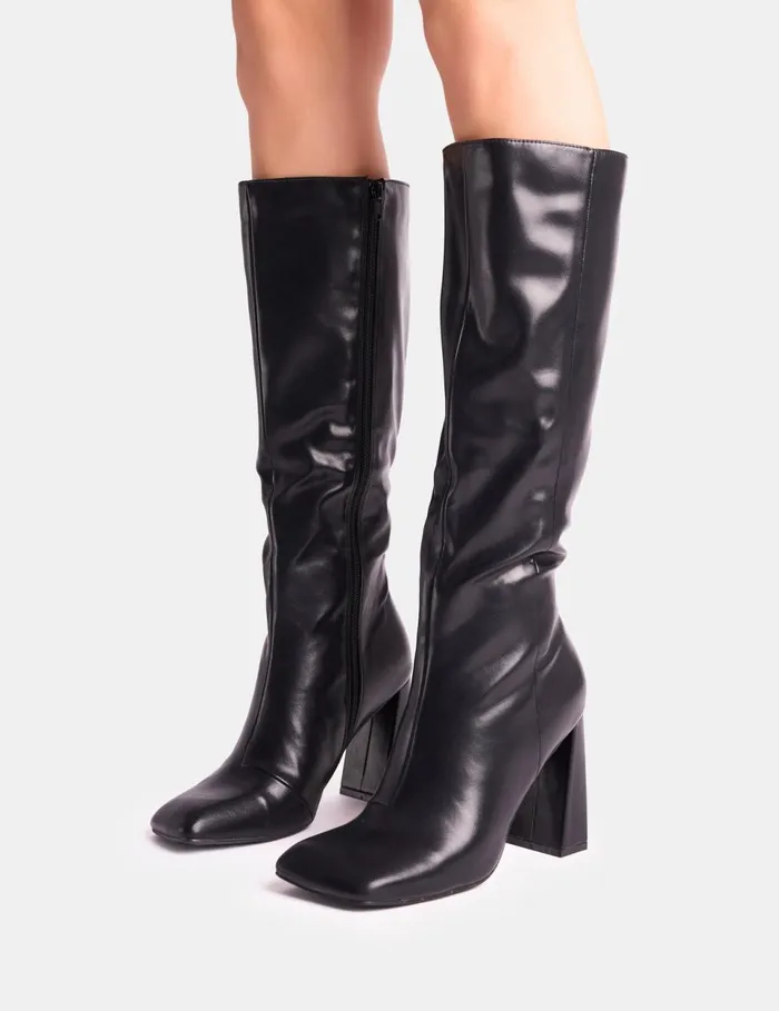 Women Zoya Black Slanted Toe Block Heel Knee High Sock Boots Black Public Desire Block Heels