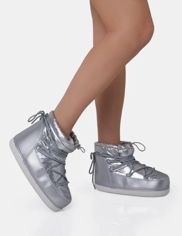 Women Zuri Silver Mirror Nylon Toggled Detailed Lace Up Chunky Snow Ankle Boots Silver Public Desire Sock Boots