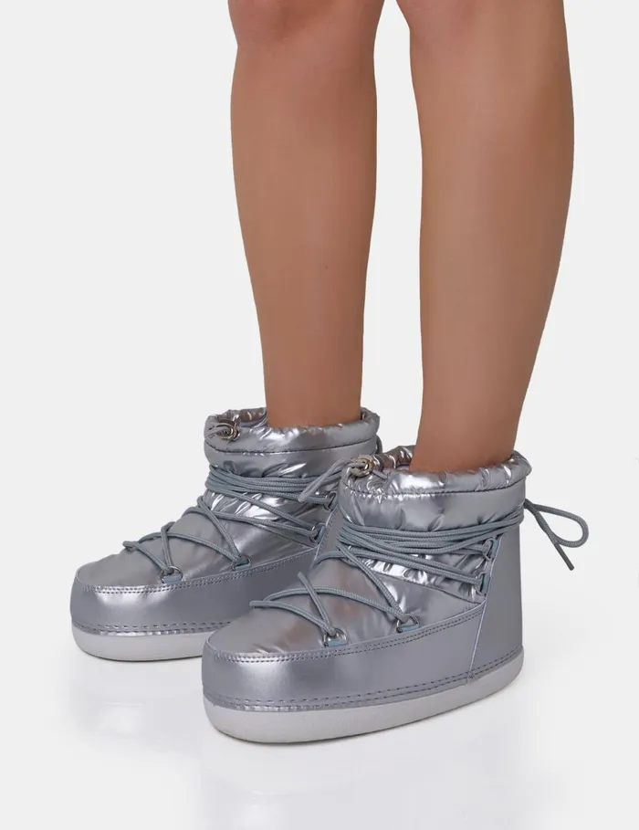 Women Zuri Silver Mirror Nylon Toggled Detailed Lace Up Chunky Snow Ankle Boots Silver Public Desire Sock Boots