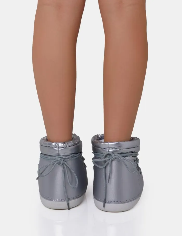 Women Zuri Silver Mirror Nylon Toggled Detailed Lace Up Chunky Snow Ankle Boots Silver Public Desire Sock Boots